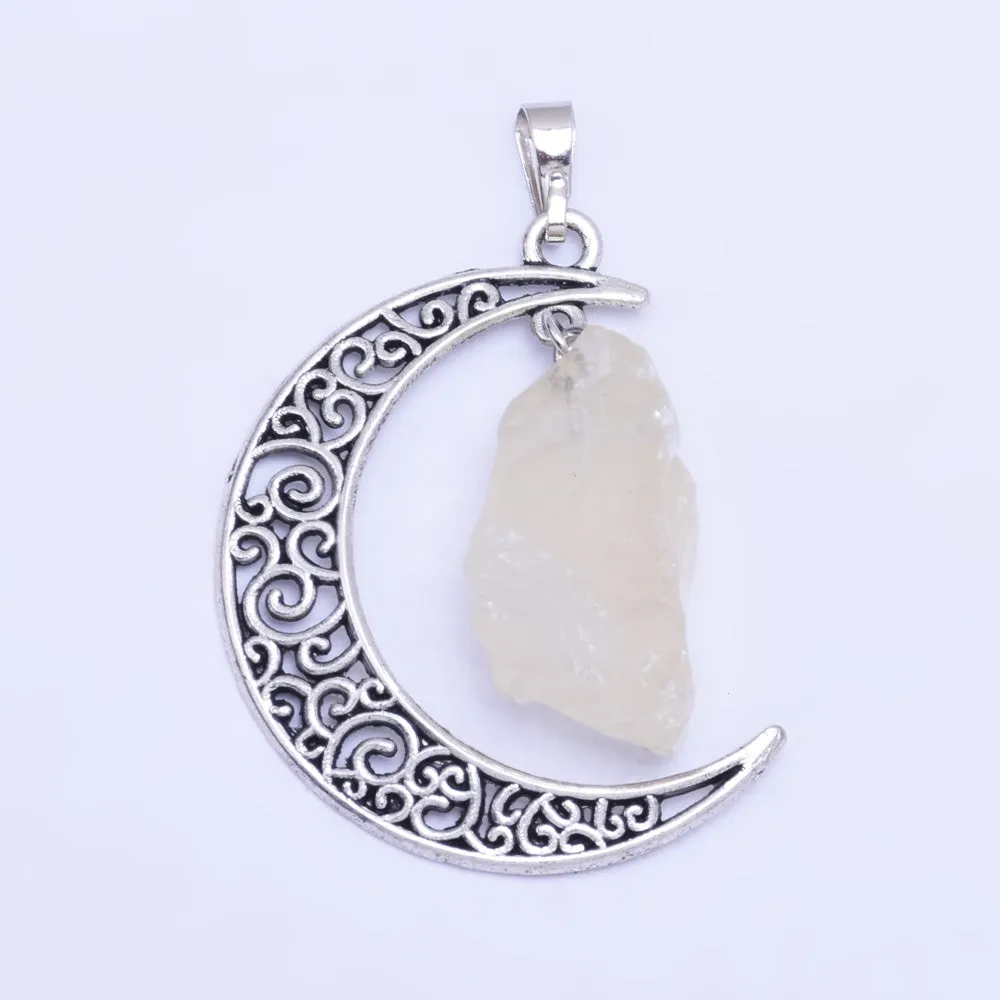 1 Yellow 36mm Hollow Moon Shape Irregular Natural Stone Healing Fashion Jewelry Charm Rose Quartz Crystal High Quality Necklace Pendant