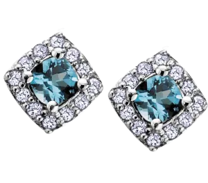 10k White Gold Blue Topaz and Diamond Halo Earrings