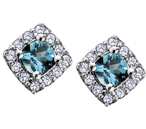 10k White Gold Blue Topaz and Diamond Halo Earrings