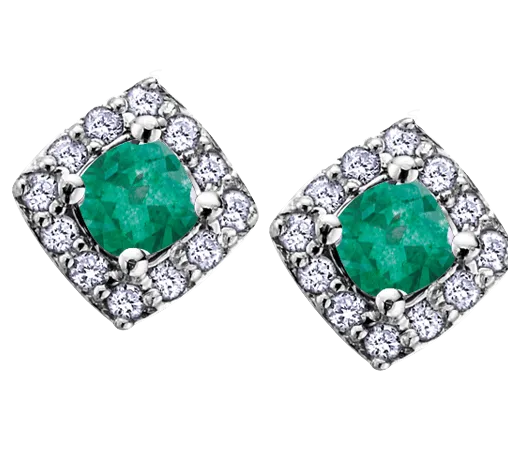 10k White Gold Emerald and Diamond Halo Earrings