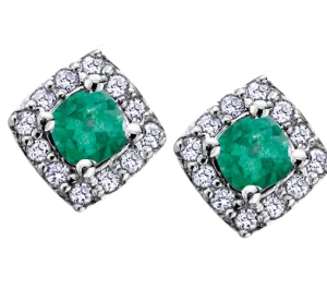 10k White Gold Emerald and Diamond Halo Earrings