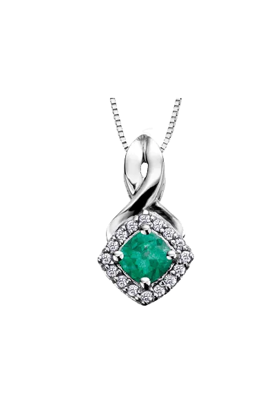 10K White Gold Emerald and Diamond Halo Pendant with Chain