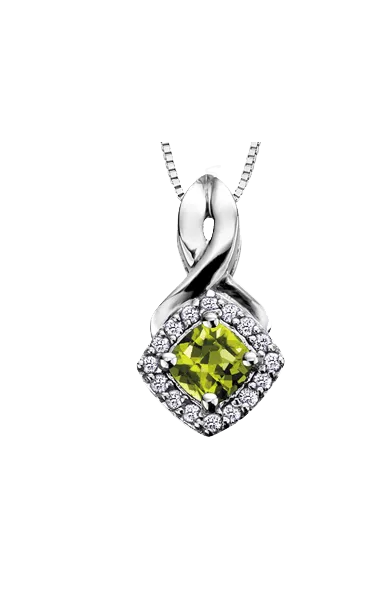 10K White Gold Peridot and Diamond Halo Pendant with Chain