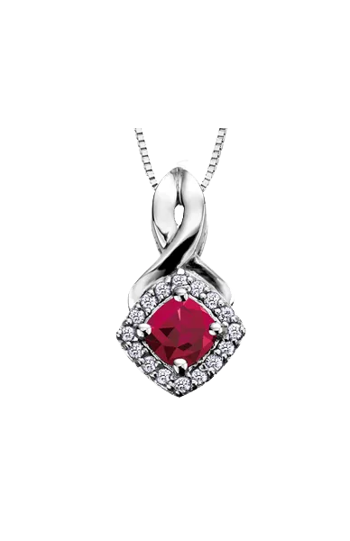 10K White Gold Ruby and Diamond Halo Pendant with Chain