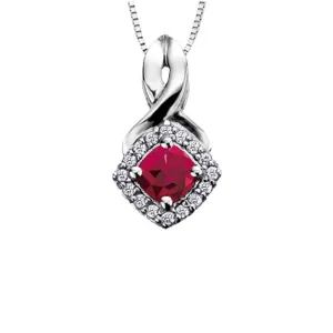 10K White Gold Ruby and Diamond Halo Pendant with Chain