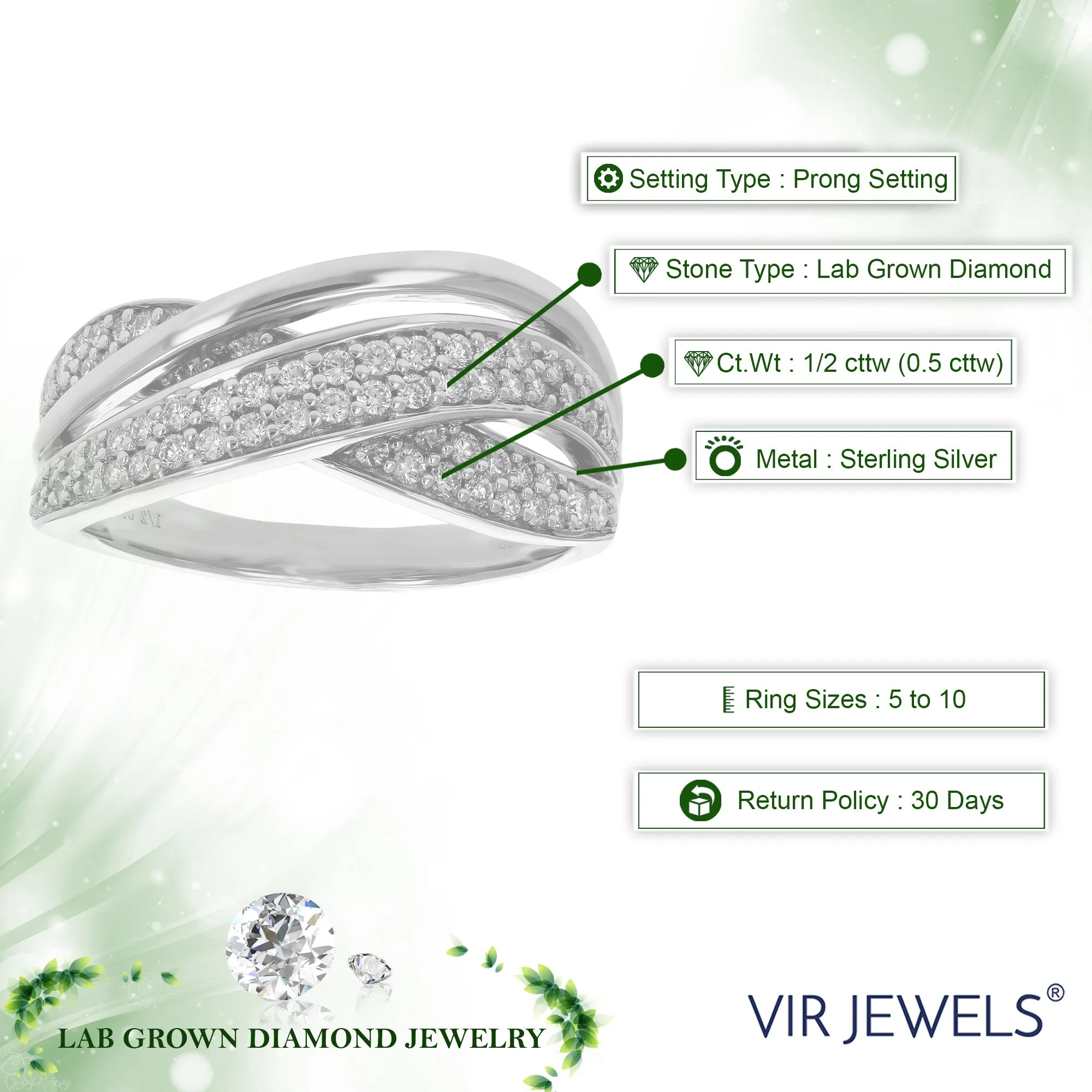 1/2 cttw Lab Grown Diamond Cross Over Wedding Band in Silver