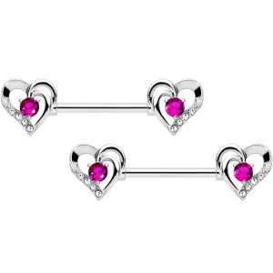 14 Gauge 9/16 Pink Gem Heart Valetines Day Barbell Nipple Ring Set