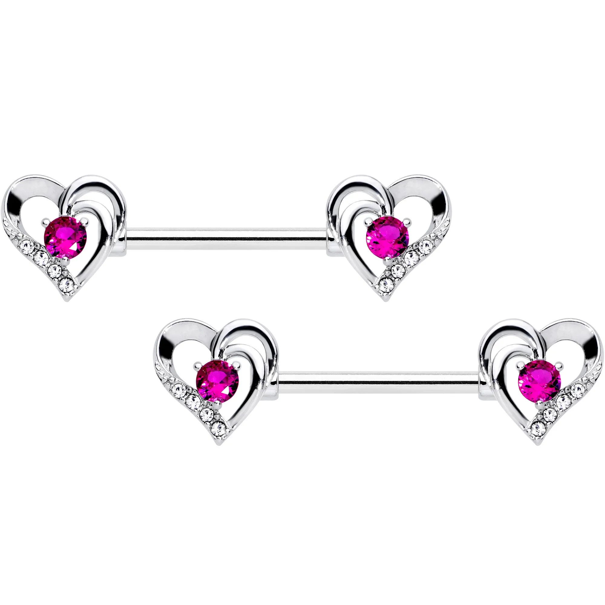 14 Gauge 9/16 Pink Gem Heart Valetines Day Barbell Nipple Ring Set