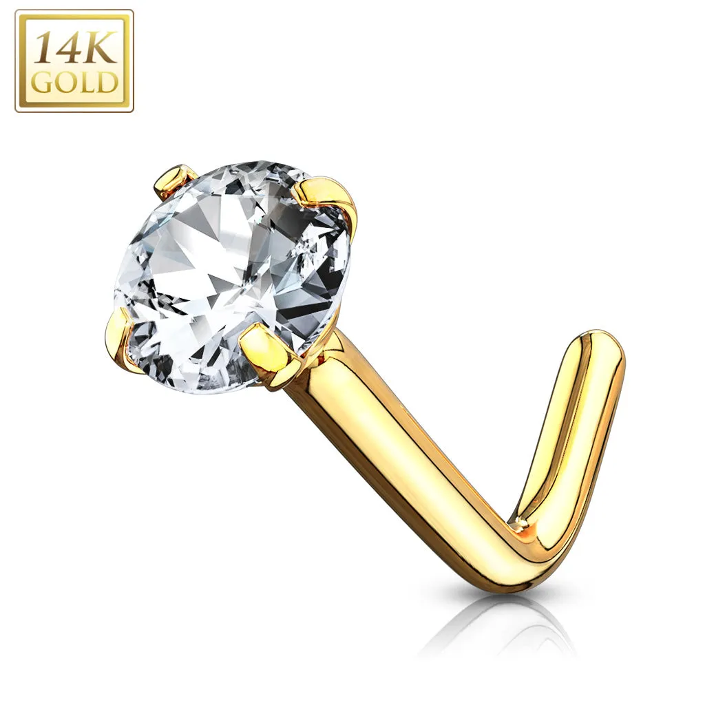 14K Solid Gold Round 2mm CZ L Bend Nose Ring