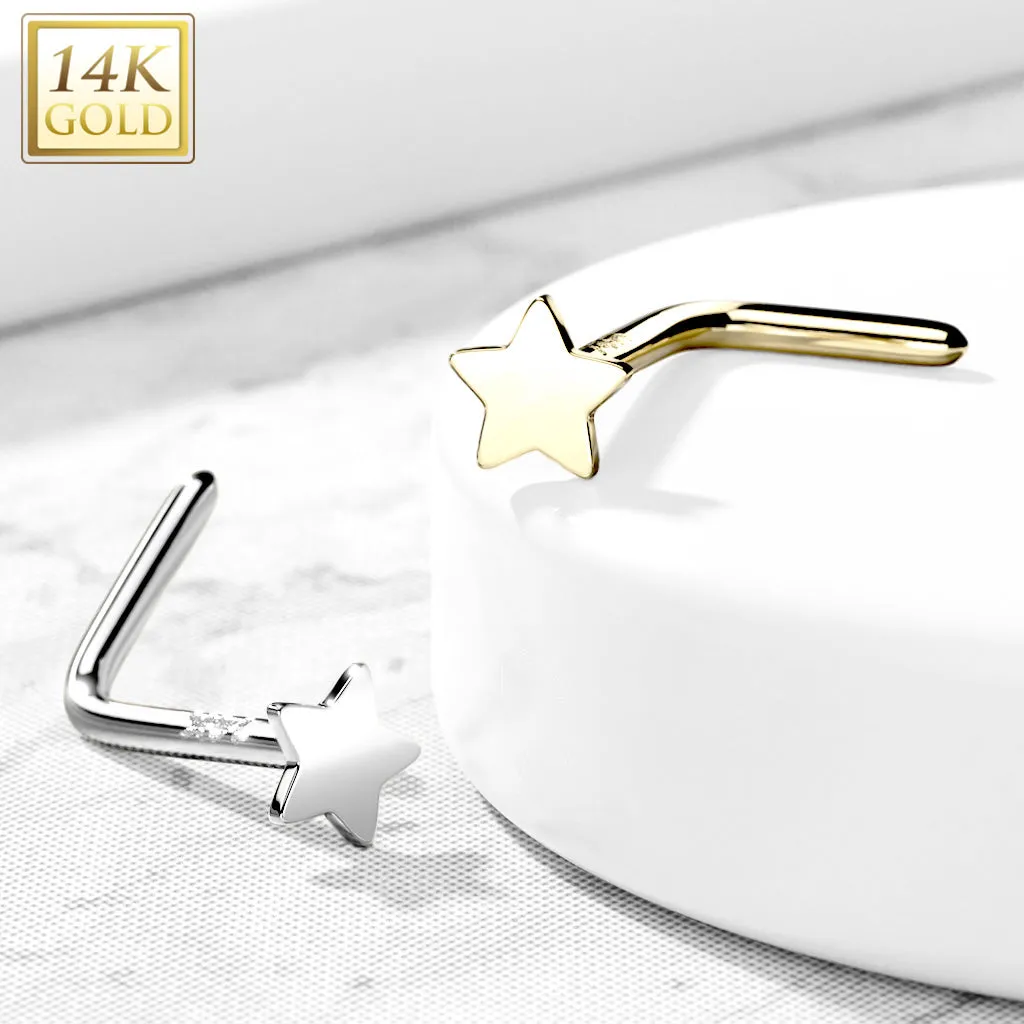 14K Solid Gold Star Top L Bend Nose Stud Ring