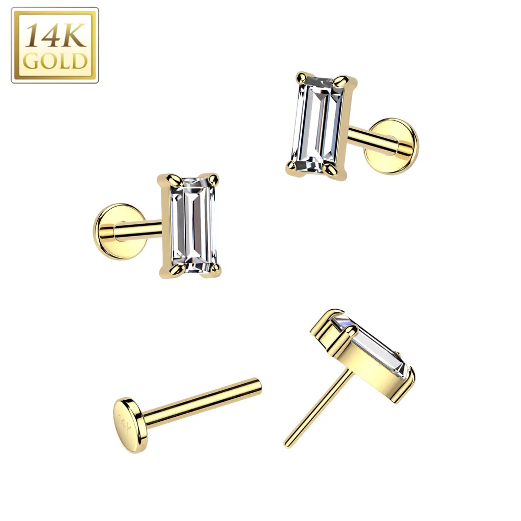 14K Solid Gold Threadless Push In Baguette CZ Top For Nose, Ear Tragus