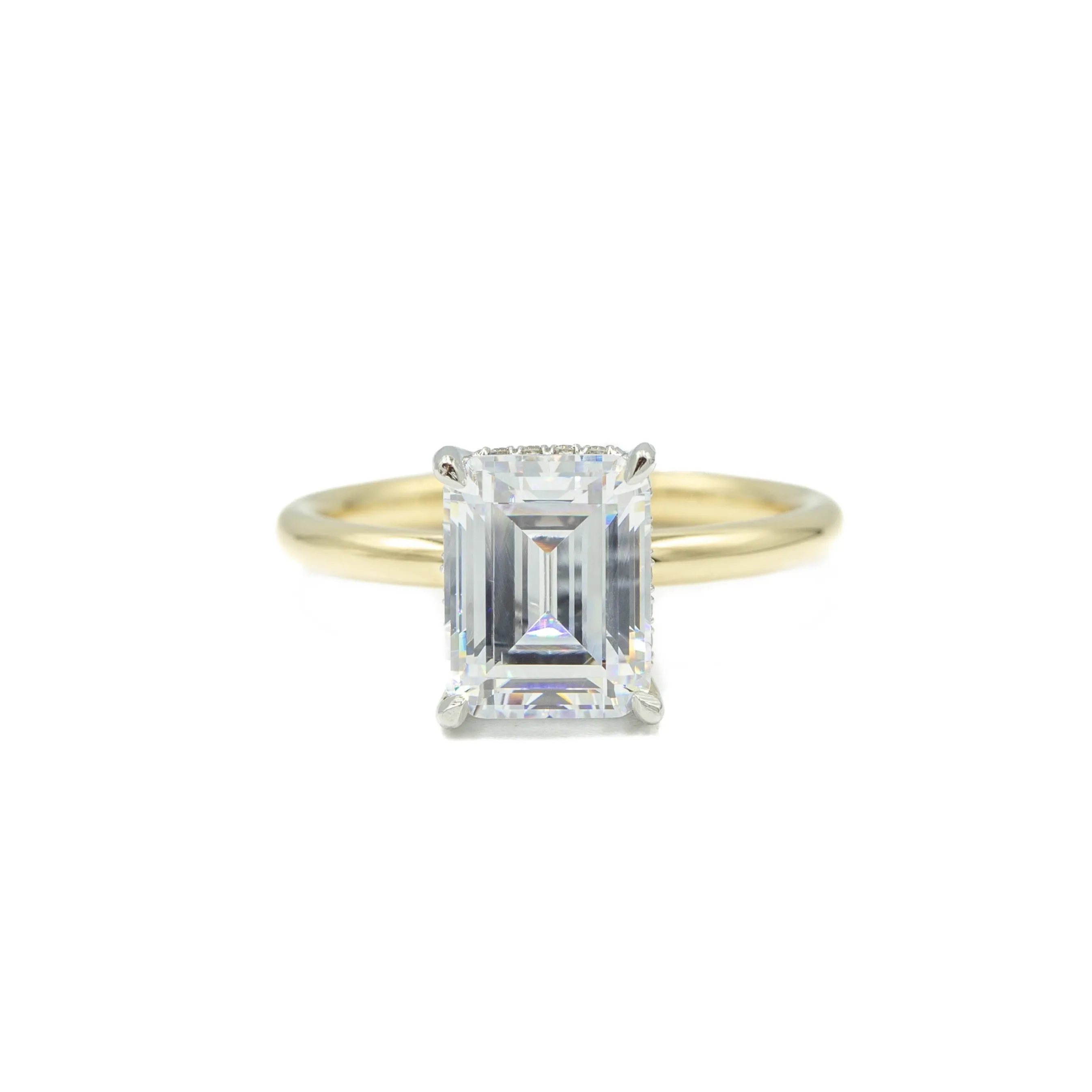 14ky 4-Prong Emerald-Cut Cathedral with Platinum Hidden Halo