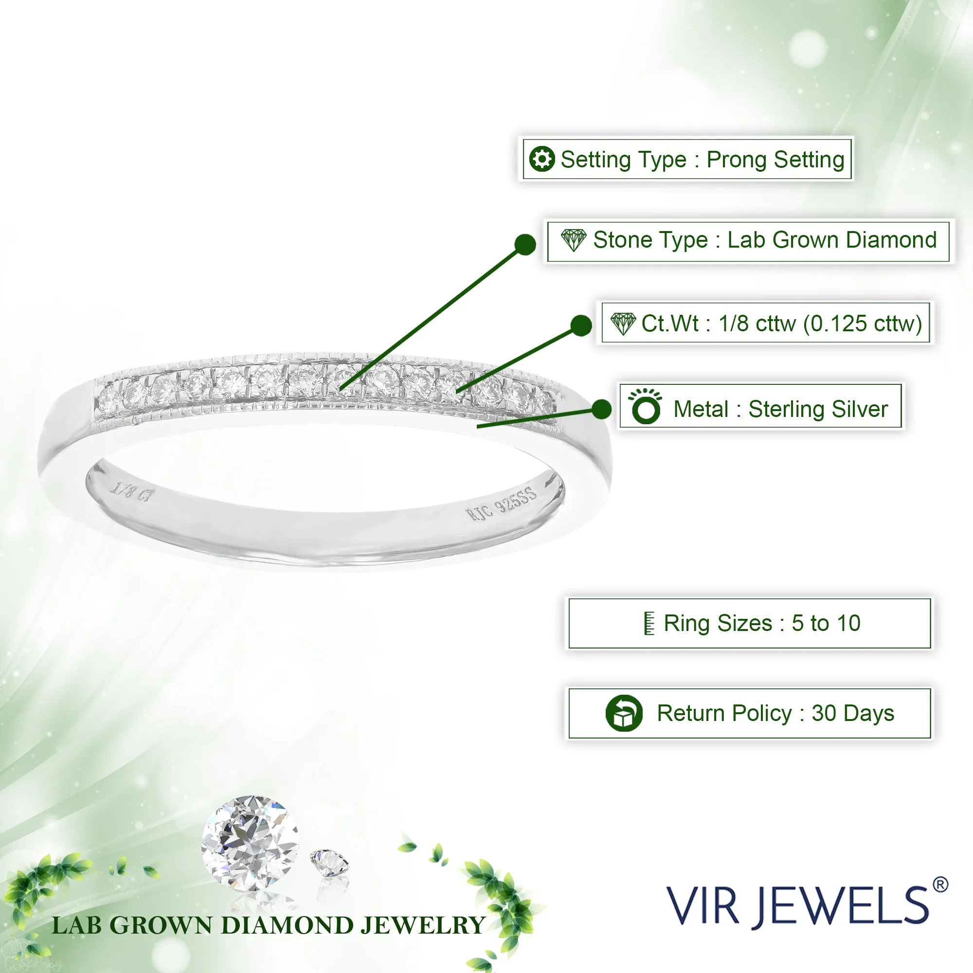 1/8 cttw Lab Grown Diamond Milgrain Wedding Band in Sterling Silver