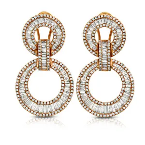 18k Rose Gold Double Circle Baguette Diamond Dangle Earrings