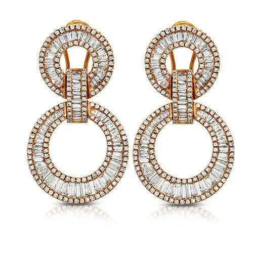 18k Rose Gold Double Circle Baguette Diamond Dangle Earrings