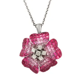18k White Gold Flower Pendant Imbeded with Pink Sapphire & Diamond Necklace