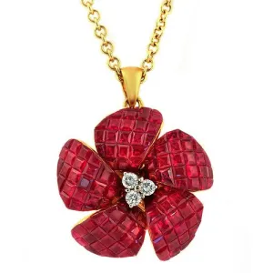 18k Yellow Gold Flower Design Ruby & Diamond Pendant Necklace