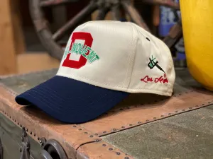 1940's Style Logo 5 Panel Snap Back Cap in Natural x Navy