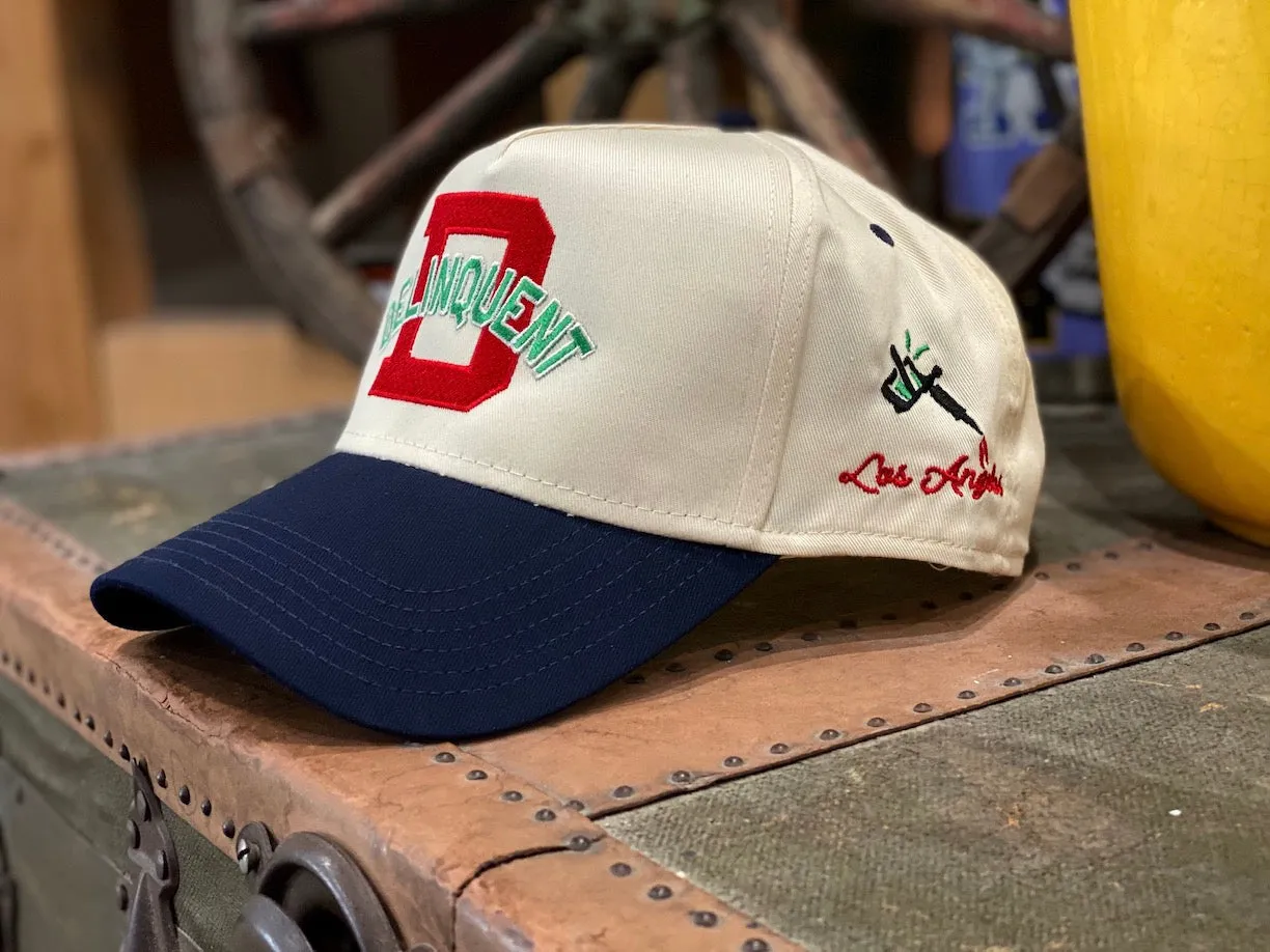 1940's Style Logo 5 Panel Snap Back Cap in Natural x Navy