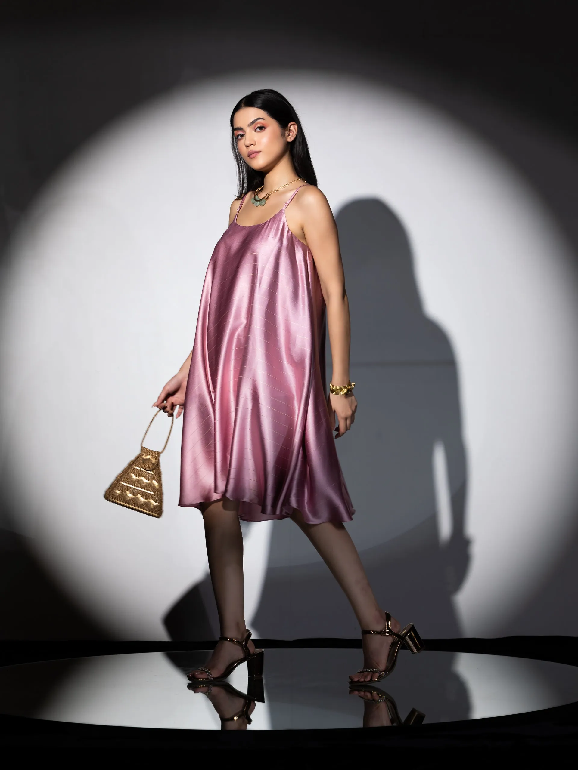 1pc. | Pink Stripe Spaghetti Satin Dress