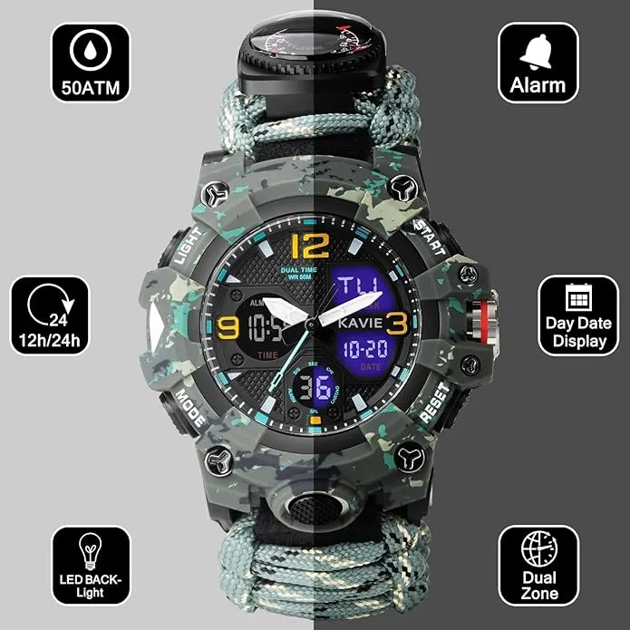 23-in-1 Survival Military Digital Watch, Mens Tactical Multi-Functional and Adjustable Wristband Outdoors Waterproof Sports Dual Dial Watches with Compass Paracord Band