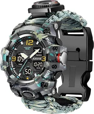 23-in-1 Survival Military Digital Watch, Mens Tactical Multi-Functional and Adjustable Wristband Outdoors Waterproof Sports Dual Dial Watches with Compass Paracord Band