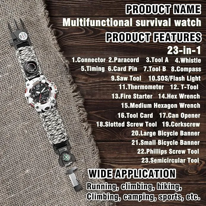 23-in-1 Survival Military Digital Watch, Mens Tactical Multi-Functional and Adjustable Wristband Outdoors Waterproof Sports Dual Dial Watches with Compass Paracord Band