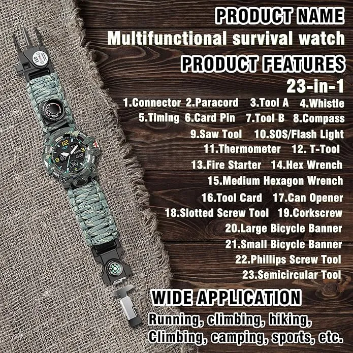 23-in-1 Survival Military Digital Watch, Mens Tactical Multi-Functional and Adjustable Wristband Outdoors Waterproof Sports Dual Dial Watches with Compass Paracord Band