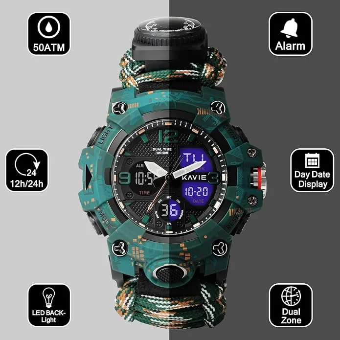 23-in-1 Survival Military Digital Watch, Mens Tactical Multi-Functional and Adjustable Wristband Outdoors Waterproof Sports Dual Dial Watches with Compass Paracord Band