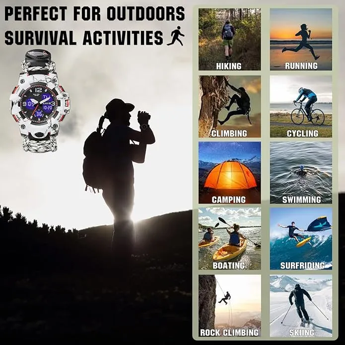 23-in-1 Survival Military Digital Watch, Mens Tactical Multi-Functional and Adjustable Wristband Outdoors Waterproof Sports Dual Dial Watches with Compass Paracord Band