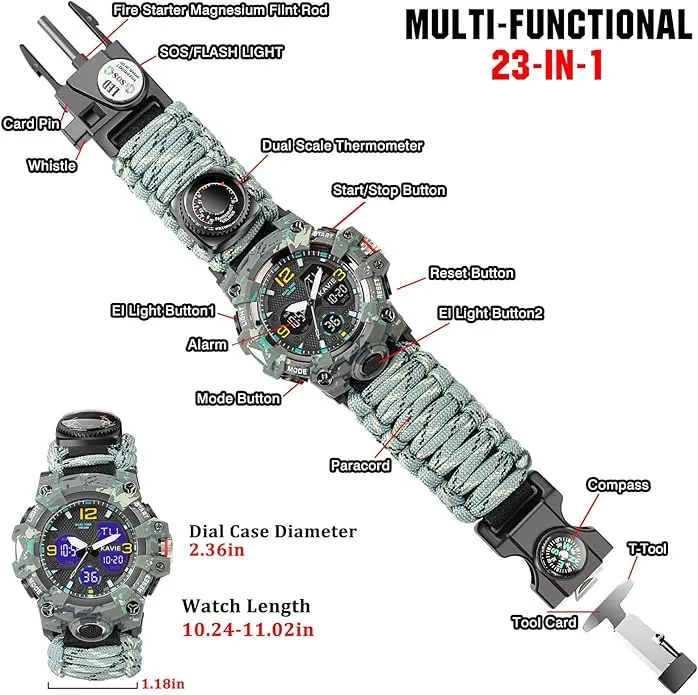 23-in-1 Survival Military Digital Watch, Mens Tactical Multi-Functional and Adjustable Wristband Outdoors Waterproof Sports Dual Dial Watches with Compass Paracord Band