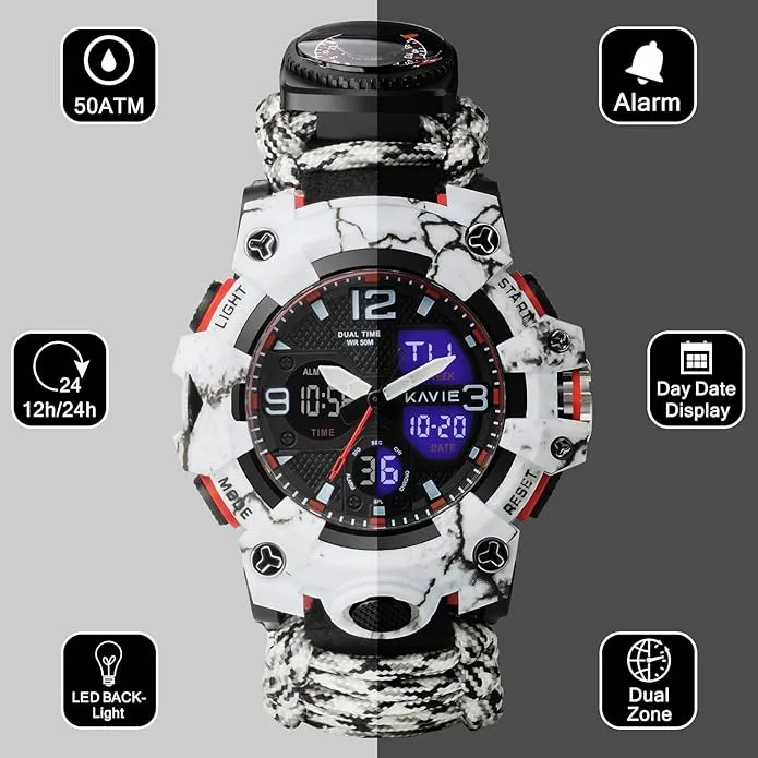 23-in-1 Survival Military Digital Watch, Mens Tactical Multi-Functional and Adjustable Wristband Outdoors Waterproof Sports Dual Dial Watches with Compass Paracord Band