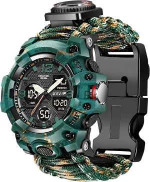23-in-1 Survival Military Digital Watch, Mens Tactical Multi-Functional and Adjustable Wristband Outdoors Waterproof Sports Dual Dial Watches with Compass Paracord Band