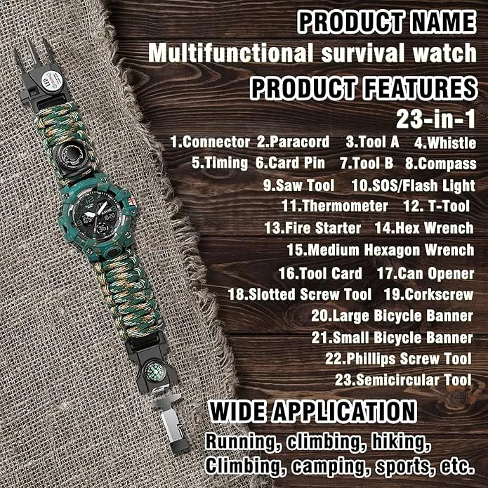 23-in-1 Survival Military Digital Watch, Mens Tactical Multi-Functional and Adjustable Wristband Outdoors Waterproof Sports Dual Dial Watches with Compass Paracord Band