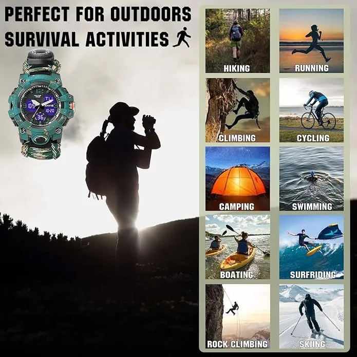 23-in-1 Survival Military Digital Watch, Mens Tactical Multi-Functional and Adjustable Wristband Outdoors Waterproof Sports Dual Dial Watches with Compass Paracord Band