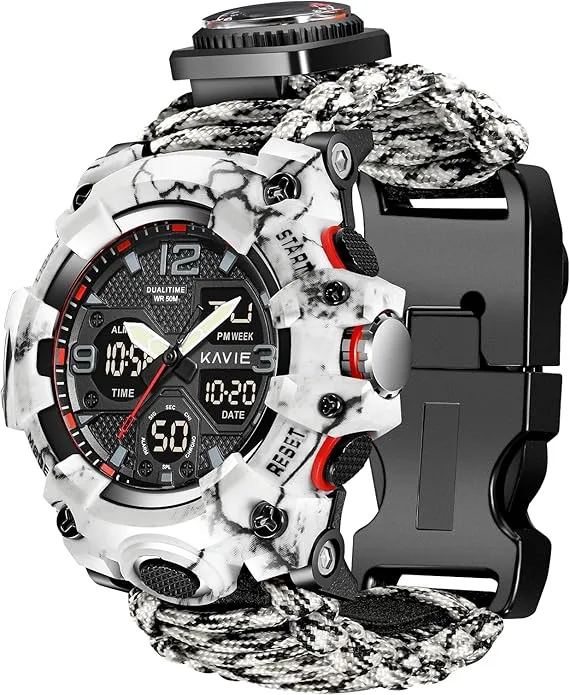 23-in-1 Survival Military Digital Watch, Mens Tactical Multi-Functional and Adjustable Wristband Outdoors Waterproof Sports Dual Dial Watches with Compass Paracord Band