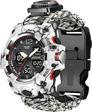 23-in-1 Survival Military Digital Watch, Mens Tactical Multi-Functional and Adjustable Wristband Outdoors Waterproof Sports Dual Dial Watches with Compass Paracord Band