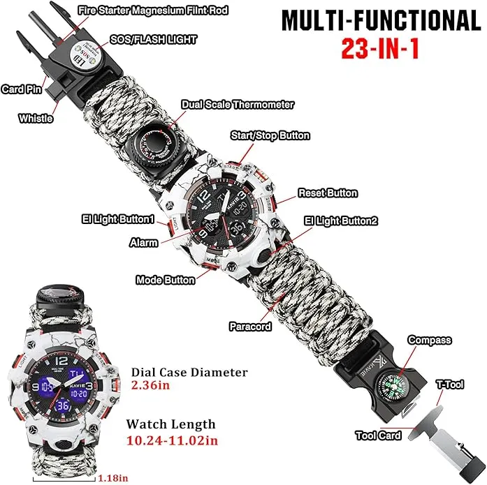 23-in-1 Survival Military Digital Watch, Mens Tactical Multi-Functional and Adjustable Wristband Outdoors Waterproof Sports Dual Dial Watches with Compass Paracord Band
