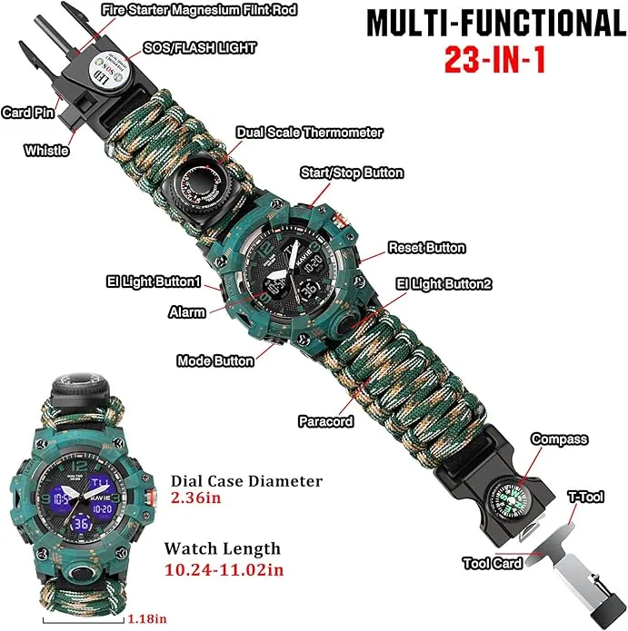 23-in-1 Survival Military Digital Watch, Mens Tactical Multi-Functional and Adjustable Wristband Outdoors Waterproof Sports Dual Dial Watches with Compass Paracord Band