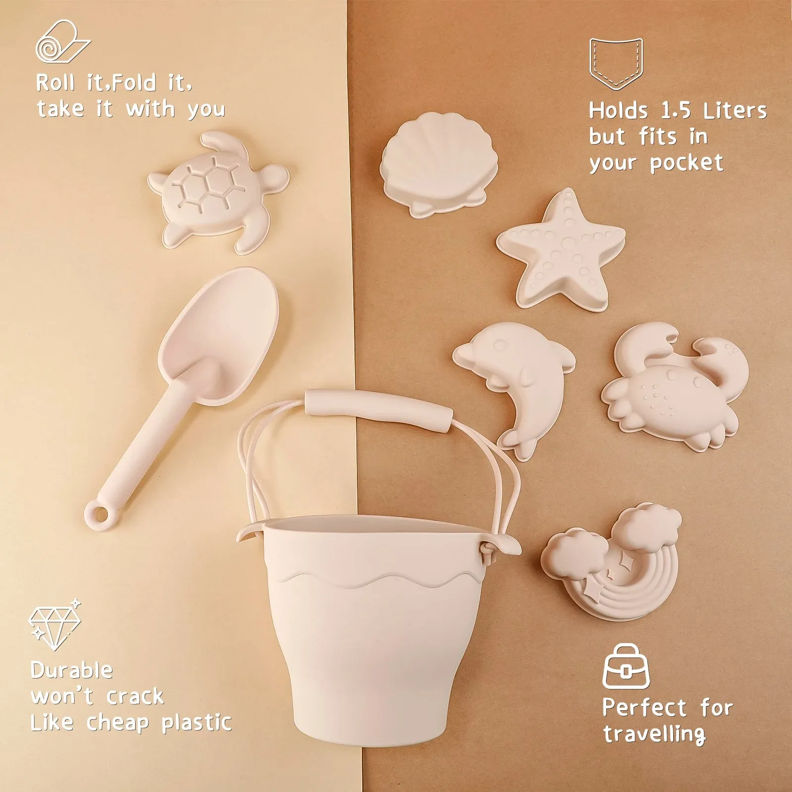 8pcs Beach Toys children's beach toys, silicone bucket, parent-child interaction, sand digging, shovel, and water playing toys