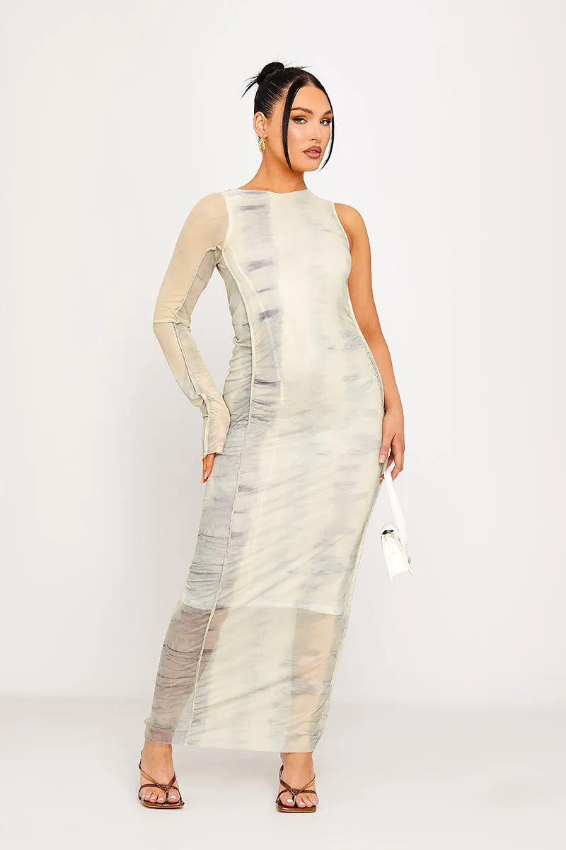 Abstract Print One-Sleeve Mesh Maxi Dress | Futuristic & Chic | Effortless Elegance