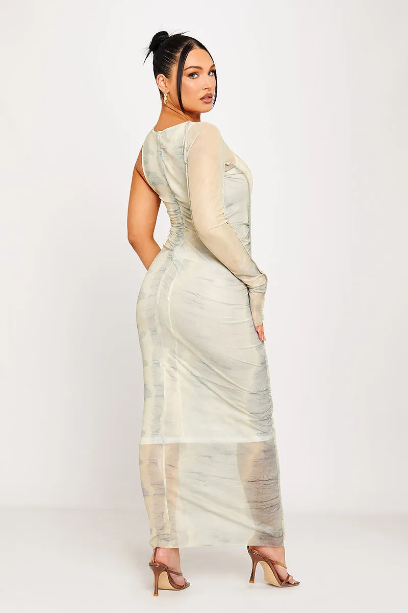 Abstract Print One-Sleeve Mesh Maxi Dress | Futuristic & Chic | Effortless Elegance