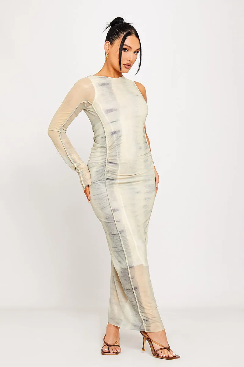 Abstract Print One-Sleeve Mesh Maxi Dress | Futuristic & Chic | Effortless Elegance