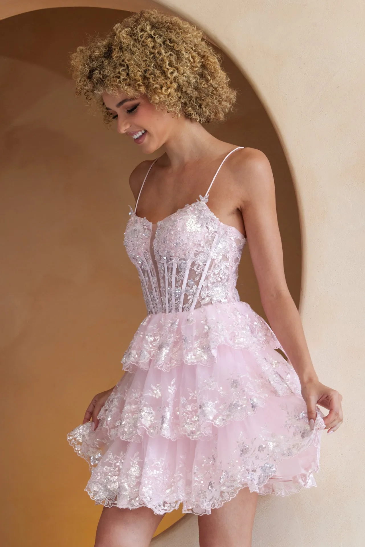 AC BZ9031S - Sequin Lace Embellished Short A-Line Homecoming Dress with Sheer Corset Bodice & Lace Up Back