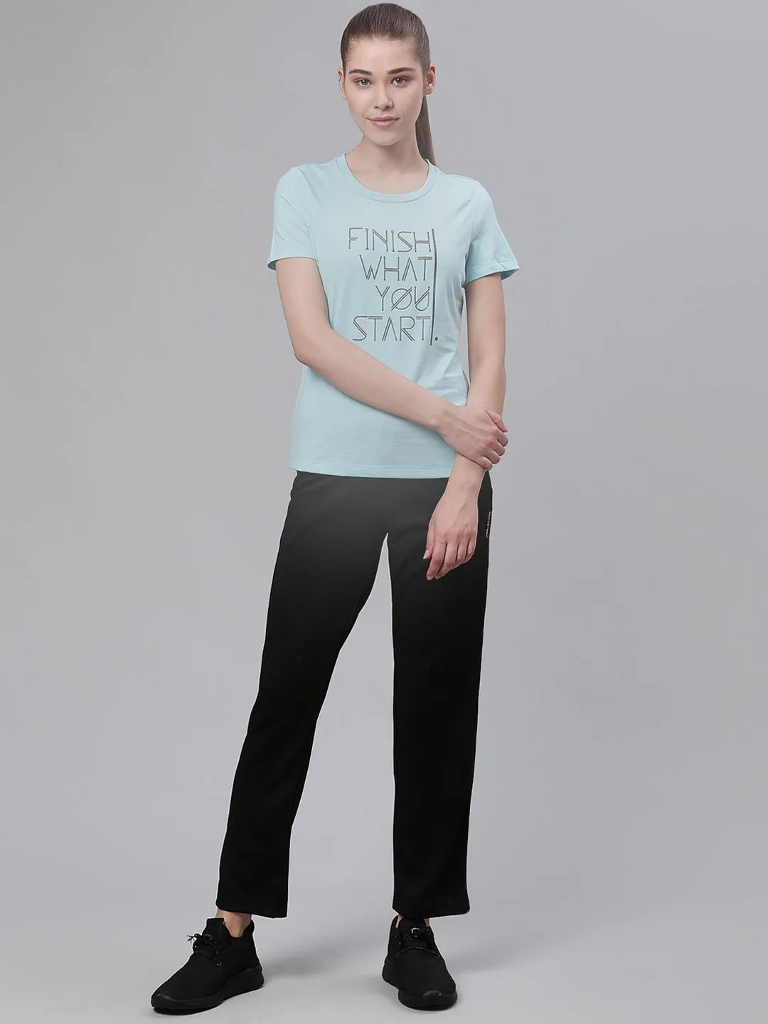 Alcis Women Blue Black Printed Round Neck Sports T-shirt