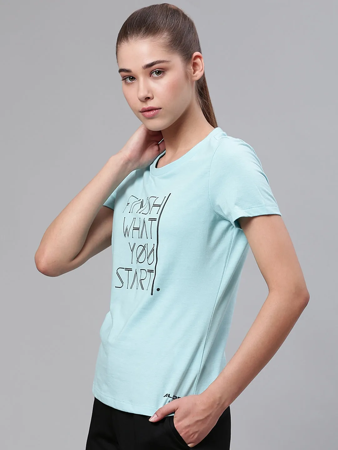 Alcis Women Blue Black Printed Round Neck Sports T-shirt