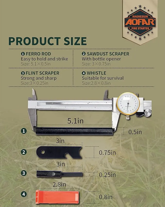 AOFAR Fire Starter, AF-376 Ferrocerium (Ferro) Rods, Fire Starter Kit with Two Multi-Tool Fire Strikers, 80dB Survival Whistle, Paracord Lanyard for Camping, Hiking, Emergency Rescue (1/2 * 5.1 Inch)