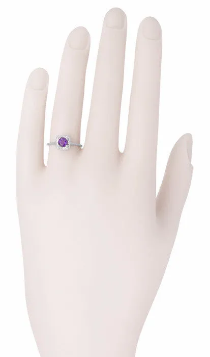 Art Deco Filigree Scrolls Engraved Amethyst Engagement Ring in 14 Karat White Gold