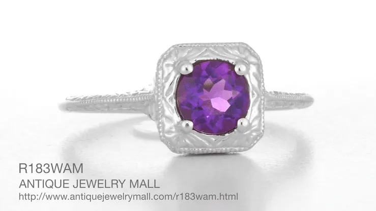 Art Deco Filigree Scrolls Engraved Amethyst Engagement Ring in 14 Karat White Gold
