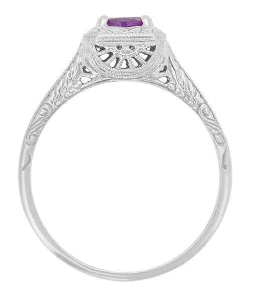 Art Deco Filigree Scrolls Engraved Amethyst Engagement Ring in 14 Karat White Gold